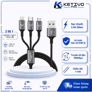Cáp sạc đa năng 3 trong 1 (Lightning + Type-C + Micro USB) màu đen